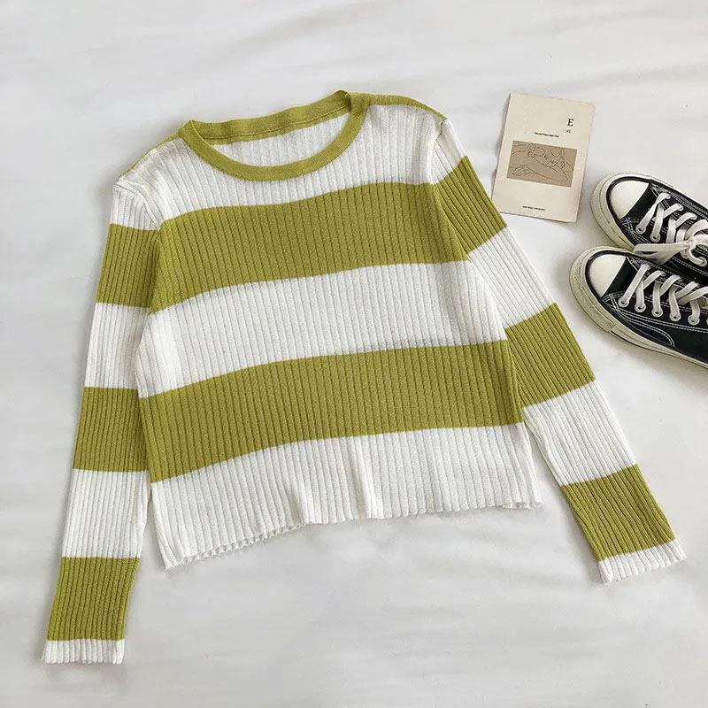 

Полосатый укороченный тонкий вязаный свитер с длинными рукавами, женский повседневный топ с круглым вырезом, простая рубашка Y2k, пуловеры, корейская мода One Size жёлто-зелёный