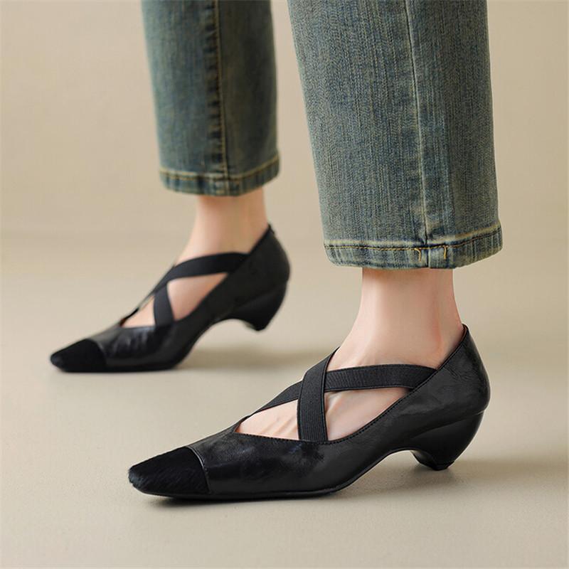 Fashion New Spring Summer Genuine Leather Women Shoes Square Toe Shallow Women Pumps Mary Jane Shoes for Women Horsehair Ladies Shoes