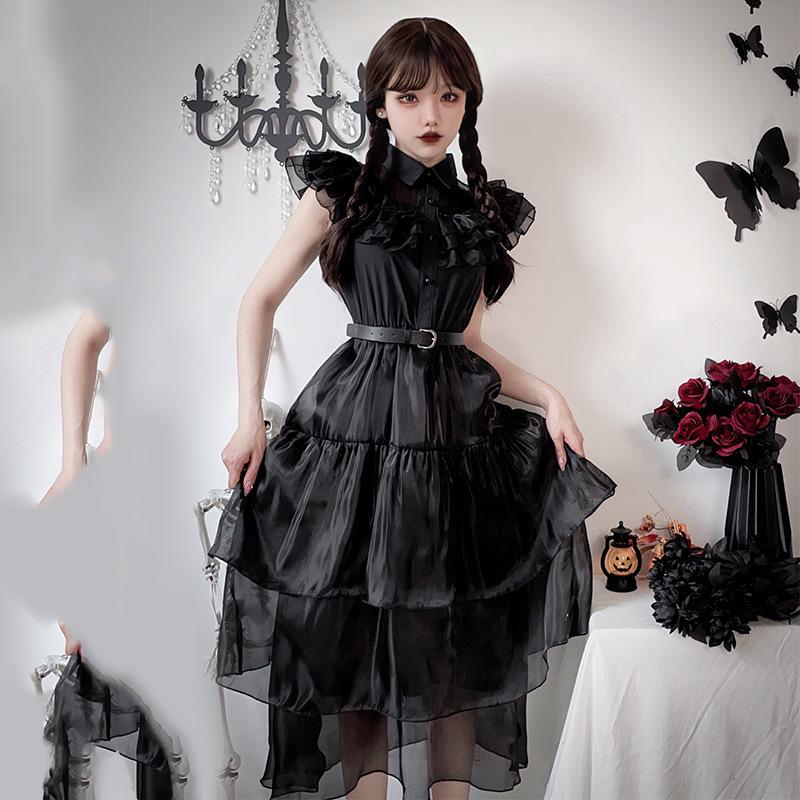 Halloween Diablo Goth Adams Family Ghost Bride Vampire Dress Wednesday cos Dress Little Black Dress
