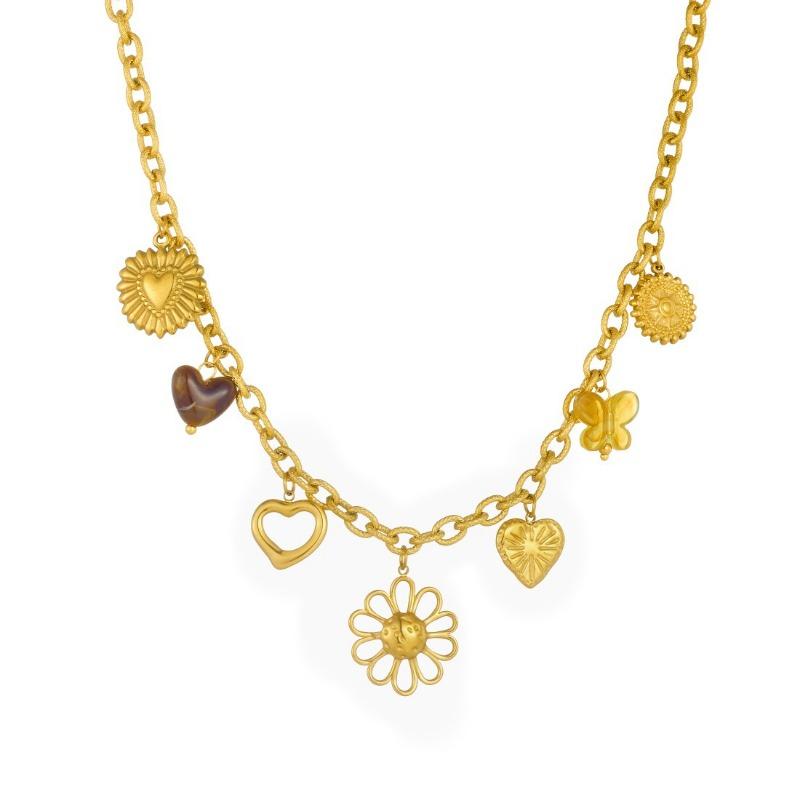 Gold Multi Charm Necklace For Women Stainless Steel Heart Flower Butterfly Pendant Fashion Jewelry