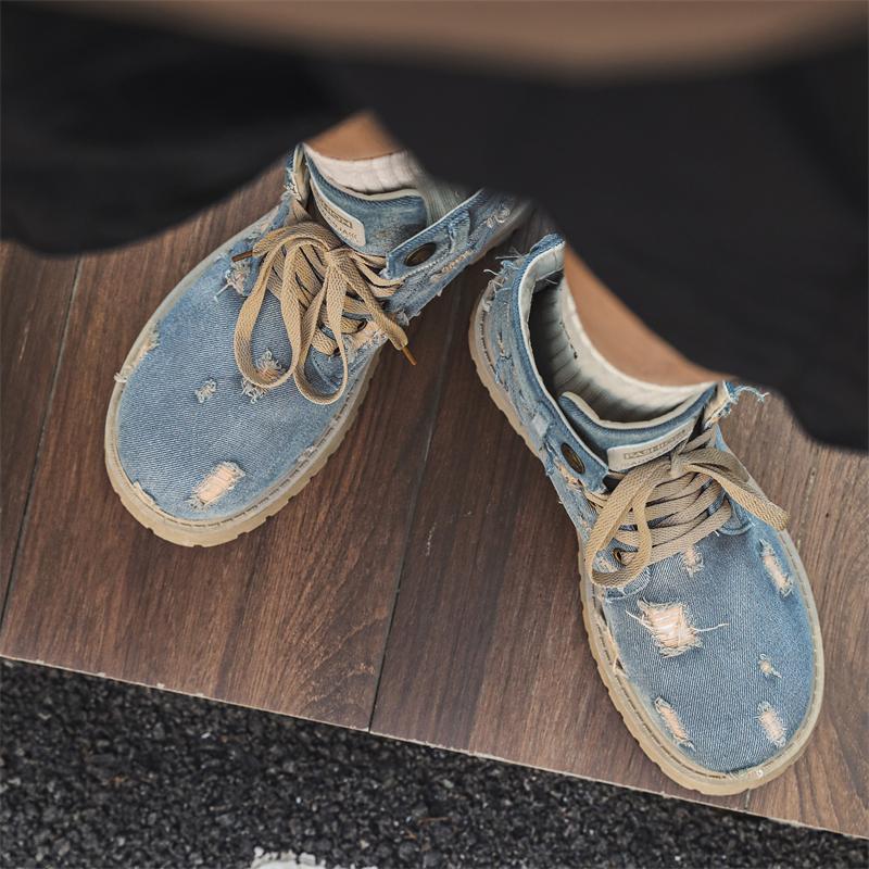 Fashion Perforated Denim High Top Sports Shoes with Comfortable Design Thick Sole Casual Street Wear 2025 Fashion Boots Fast Delivery