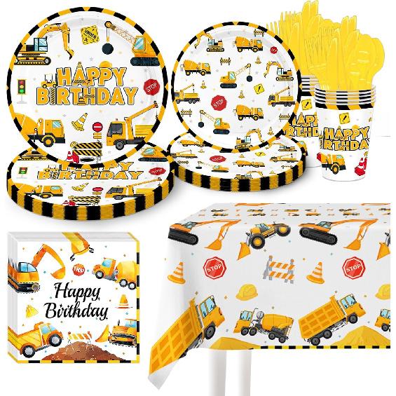 81 Pcs Construction Birthday Party Supplies Decorations Includes Tablecloth, Plates, Napkins, Cups and Tablewares for Boys Kids Construction Tractor