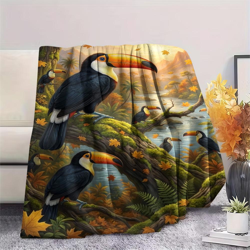 1PC Toucan Oil Painting Print FlAannel Blanket, High quality Comfortable for All Seasons, Home Decor, Warmth and Comfort