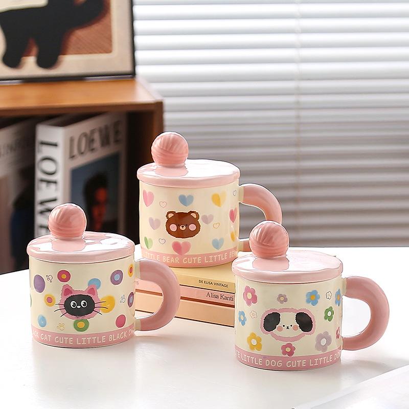 Girls' Heart Cute Cartoon Birthday Ceramic Mug Office High looking Water Cup with Lid Souvenir Gift Animal Cup