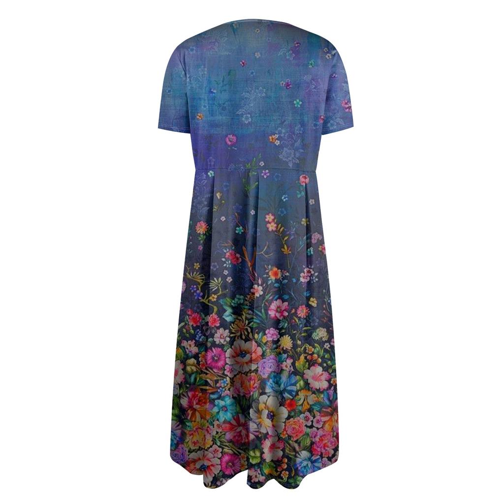 Damesmode Gradient Print Ronde Hals Korte Mouw Losse Grote Zak Jurk