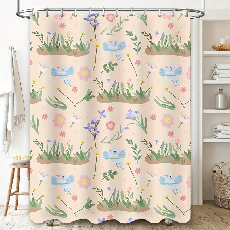 Whimsical Blue Birds Floral Print Shower Curtain for Bathroom Decor Pink Pastel Colors with Butterflies Garden Motif Design 3D