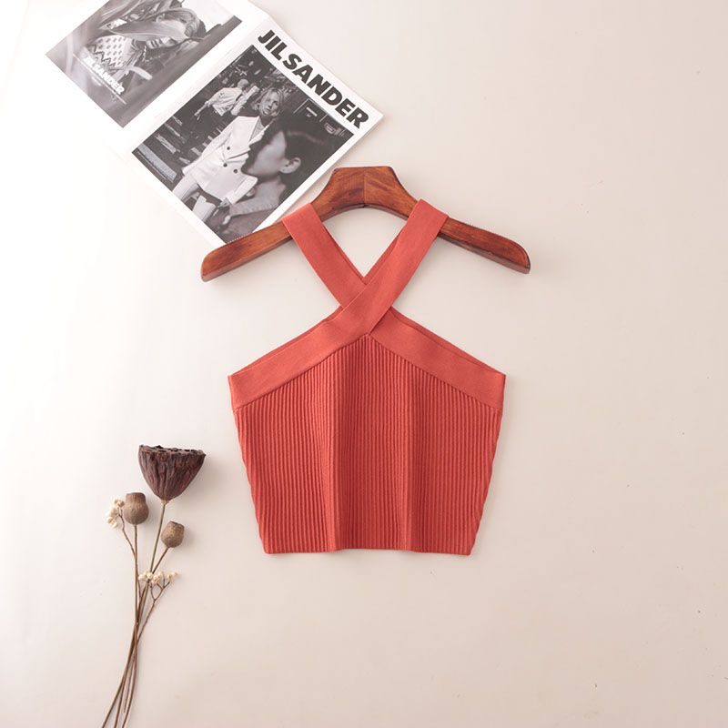 American Fashion Brand Cross Hanging Neck Cami Summer Rib Solid Sexy Short Knitted Top Women