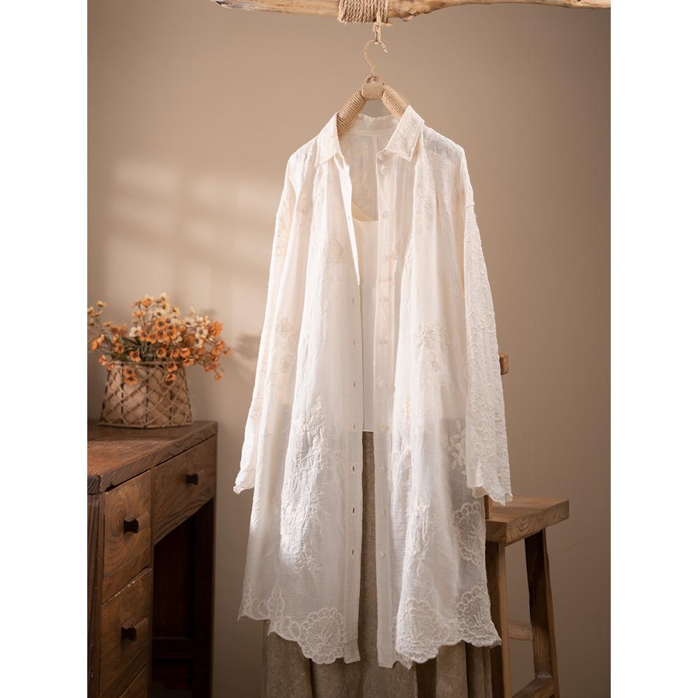 DIMANAF 2025 Spring Linen Blouse Shirt Long Sleeve Cardigan Women Blouse Fashion Long Lace White Floral Tops Loose New
