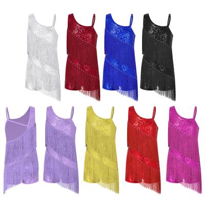 Kids Girls Sleeveless Shiny Fringe Tassel Leotard Dress Latin Jazz Tango Rumba Samba Ballroom Dancewear