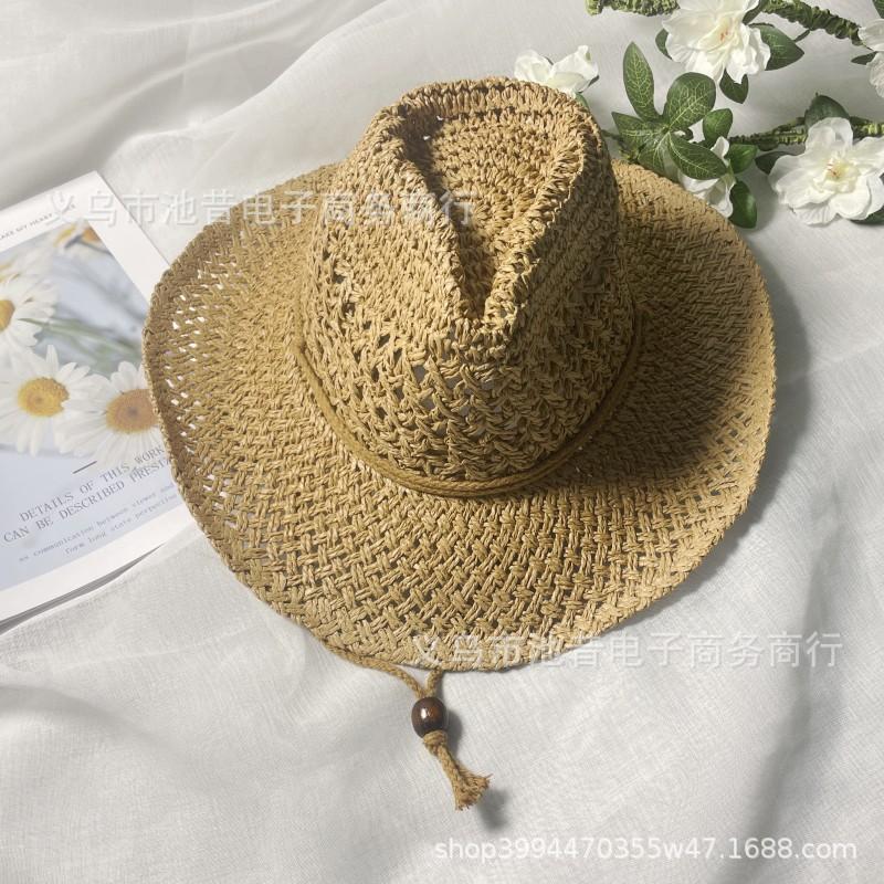 Vintage beach seaside vacation windproof bucket hat breathable straw visor female summer big brim jazz hat outdoor