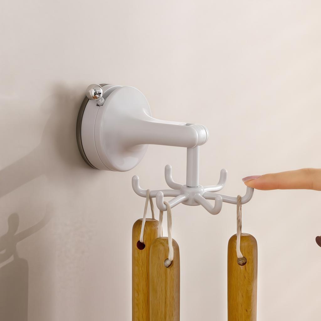 Kitchen Suction Cup Rotating Hook Plastic Rotatable Drill Free Cookware Spatula 6-Claw Suction Cup Wall Mounted Storage Hook