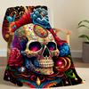 [Fluffy Skull Blanket] 1pc Fluffy Soft Flannel Blanket | Skull Pattern, Light & Comfortable for Sofa, Women & Men - Halloween Su