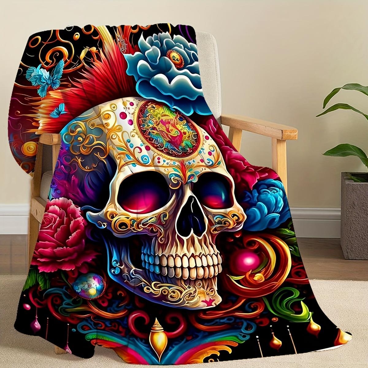 

[Fluffy Skull Blanket] 1pc Fluffy Soft Flannel Blanket | Skull Pattern, Light & Comfortable for Sofa, Women & Men - Halloween Su 70x100cm