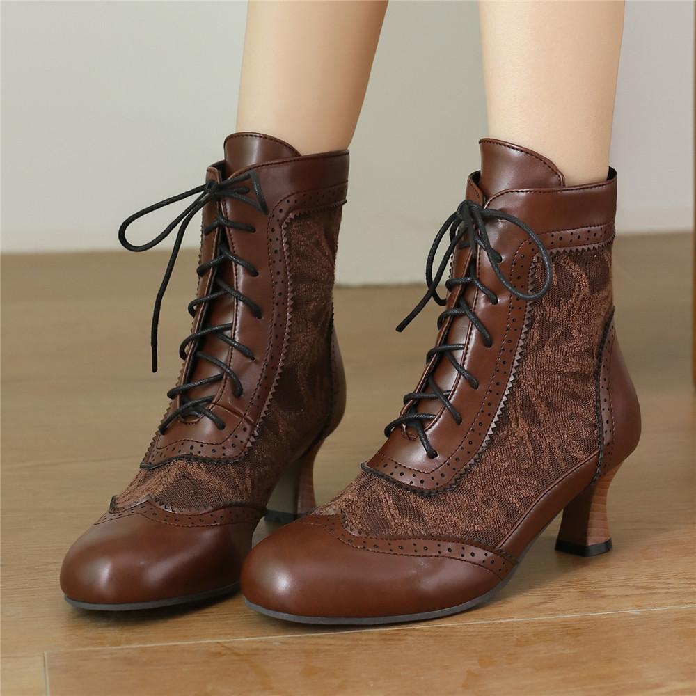 Lace-up Women Ankle Boots Middle Heels Fashion Lace Round Toe Autumn Winter Women Shoes Strange Steampunk Short Booties 34-46
