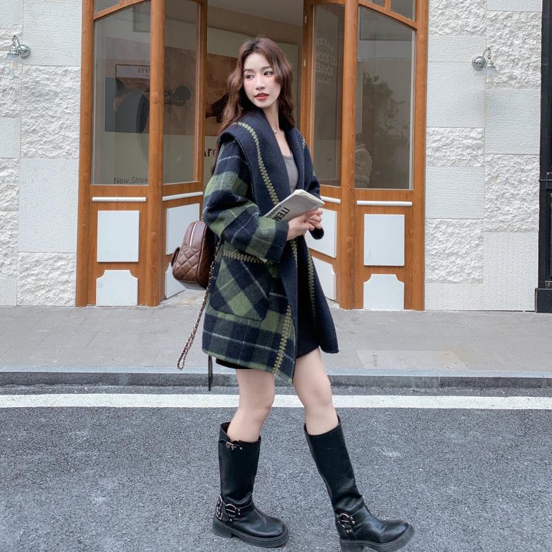Green Plaid Wool Cashmere Coat with Large Lapel - Women s Autumn/Winter Thickened Outerwear Extra Large