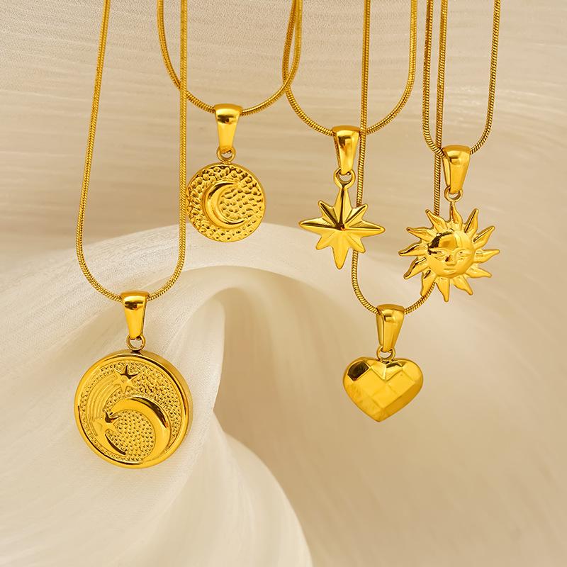 Vintage Premium Smiley Face Sun Flower Moon Stainless Steel Gold Plated Necklace Female Spot