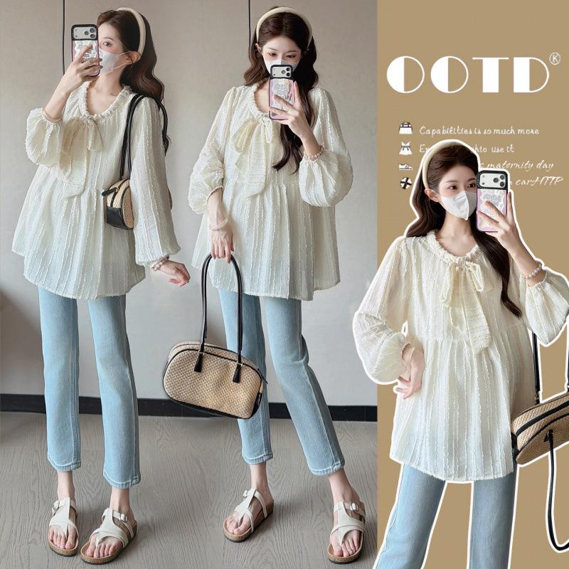 Spring Maternity Embroidered Long Sleeve Loose-Fit Plus Size Casual Doll Shirt M абрикосовый