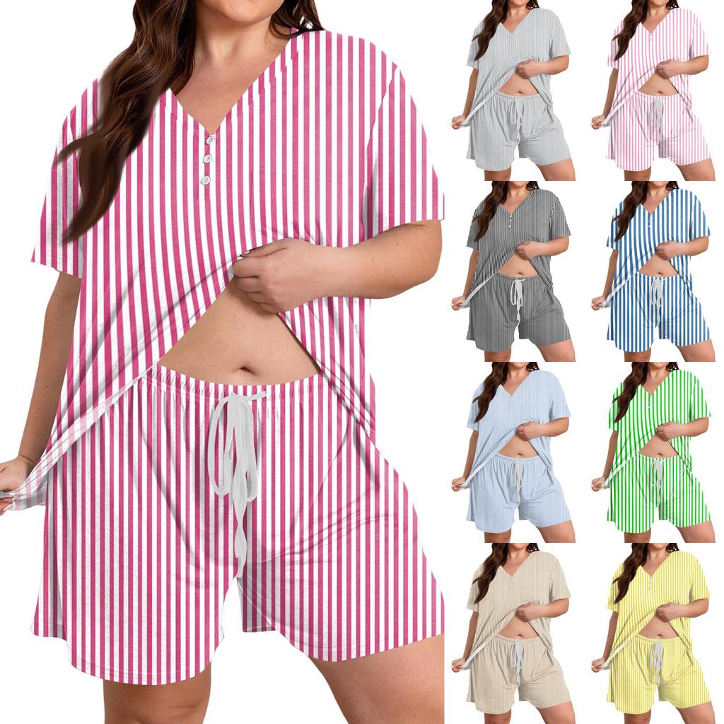 Plus Size Casual Two Piece Set Women Short Sleeve V Neck Loose Fit Top and Drawstring Waist Shorts Lounge Wear Set