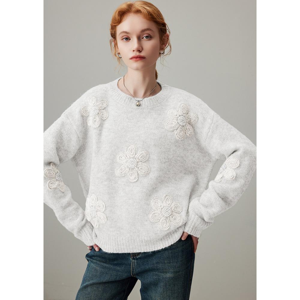 

DIMANAF 2025 Women Sweaters Knitting Basic Embroidered Flowers O-Neck Style Loose Pink Pullover Sweater