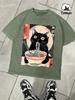 Cat Likes To Eat Noodles And Daydream Washed Mens TShirt Retro Summer Cotton Tee Fashion Basics Clothing Unisex Soft Loose Top
