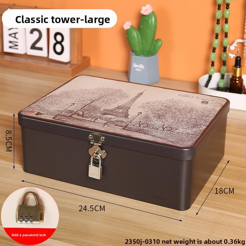 Retro Tinplate Box with Lock Key, Desktop Storage Box, Cosmetics, ID Storage, Household Jewelry Empty Box.