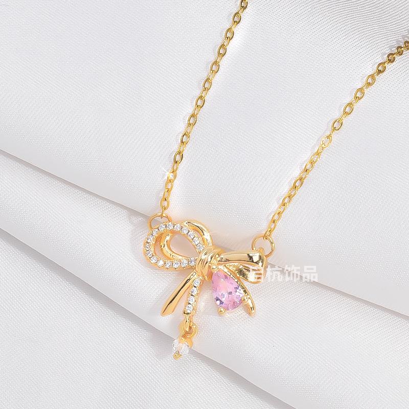 Wind Design Bow Necklace Women'S Light Luxury Versatile Micro-Inlaid Zircon Pendant With The Same Collarbone Chain