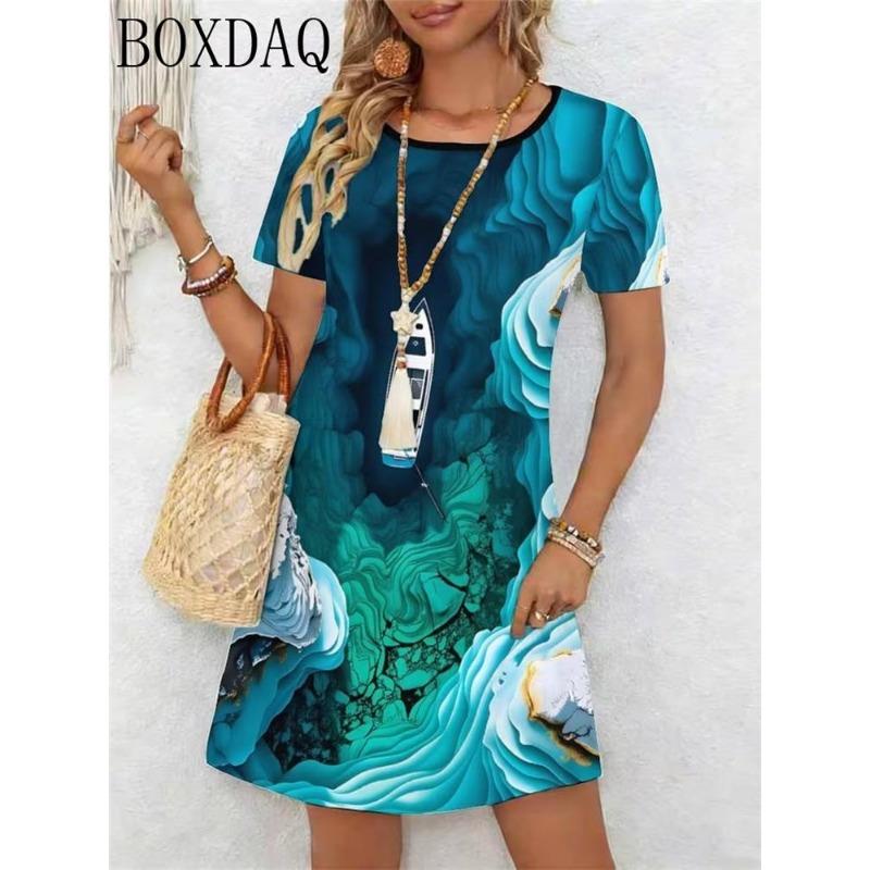 New Summer Women's Dresses Casual Short Sleeved Round Neck Abstract Pattern Printed Loose Dress