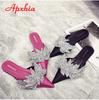 Fashion Aphixta  Appliques Crystals Silk Women Slippers Fashion Mules Rose Red Flat Heel Autumn Flowers Pointed Toe Slides