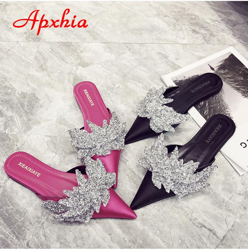 Fashion Aphixta  Appliques Crystals Silk Women Slippers Fashion Mules Rose Red Flat Heel Autumn Flowers Pointed Toe Slides
