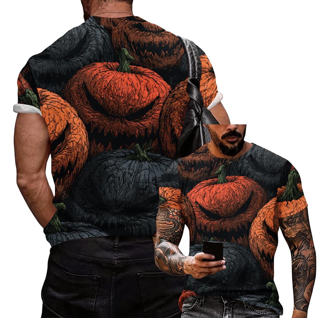Men's Halloween Graphic T Shirt Loose Fit Casual Short Sleeve Top with Printed Witch and Pumpkin Design for Seasonal Wear
