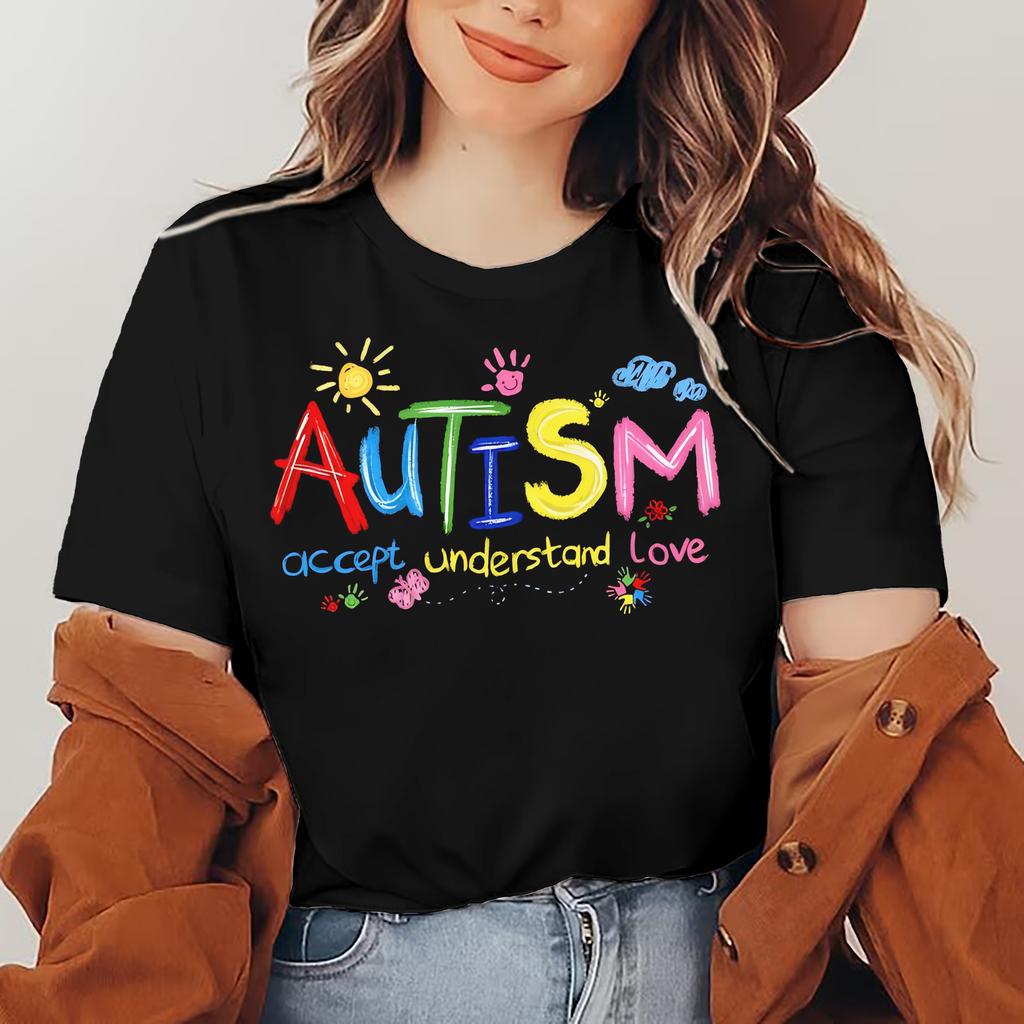Autism Awareness Im April We Wear Blue Casual TShirt Soft Elastane Blend Crew Neck Short Sleeve Womens Spring Tops