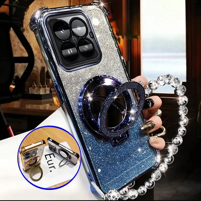 For Xiaomi 14T Pro Crystal Bracelet Glitter Mirror Holder Case for Xiaomi 14T 13T Pro 14C For POCO X7 X6 F6 Pro Shockproof Cover