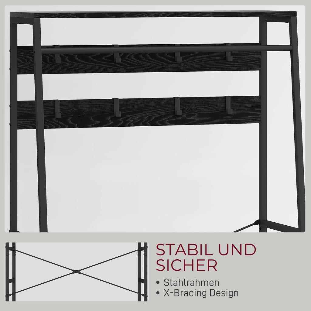 Industrial Coat Rack with Shoe Shelf, 2 Fabric Drawers and 8 Hooks, Metal Frame, Black