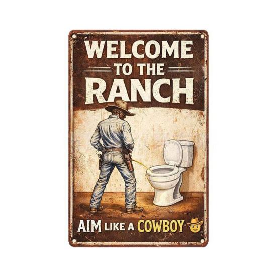 

Винтажная забавная металлическая табличка в стиле вестерн с изображением ковбоя для ванной комнаты: «Целься как ковбой», юмористическое украшение для туалета в гостевой ванной. S
