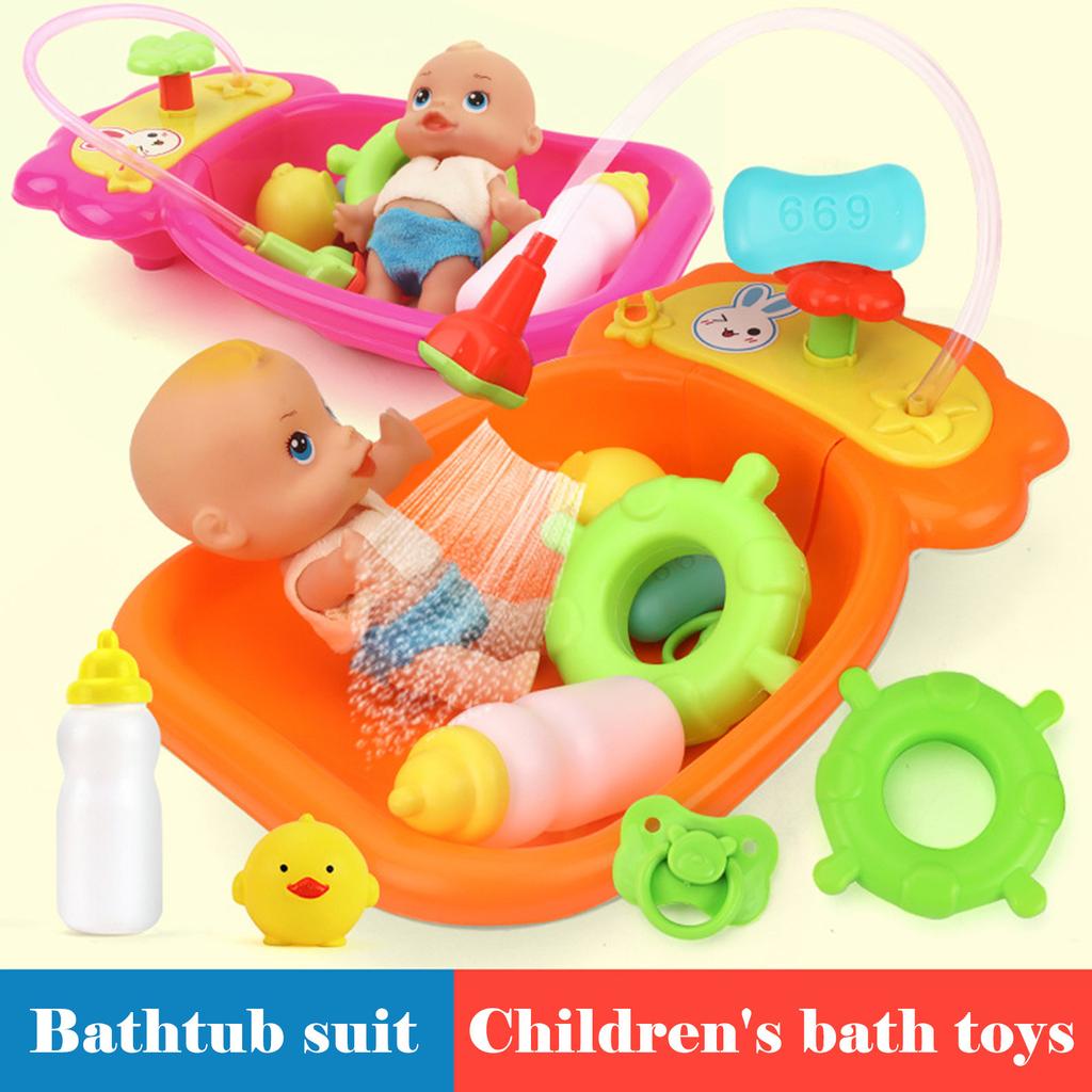Kids Plastic Bath Tub Doll Set Pretend Role Play Toy with Shower Accessories