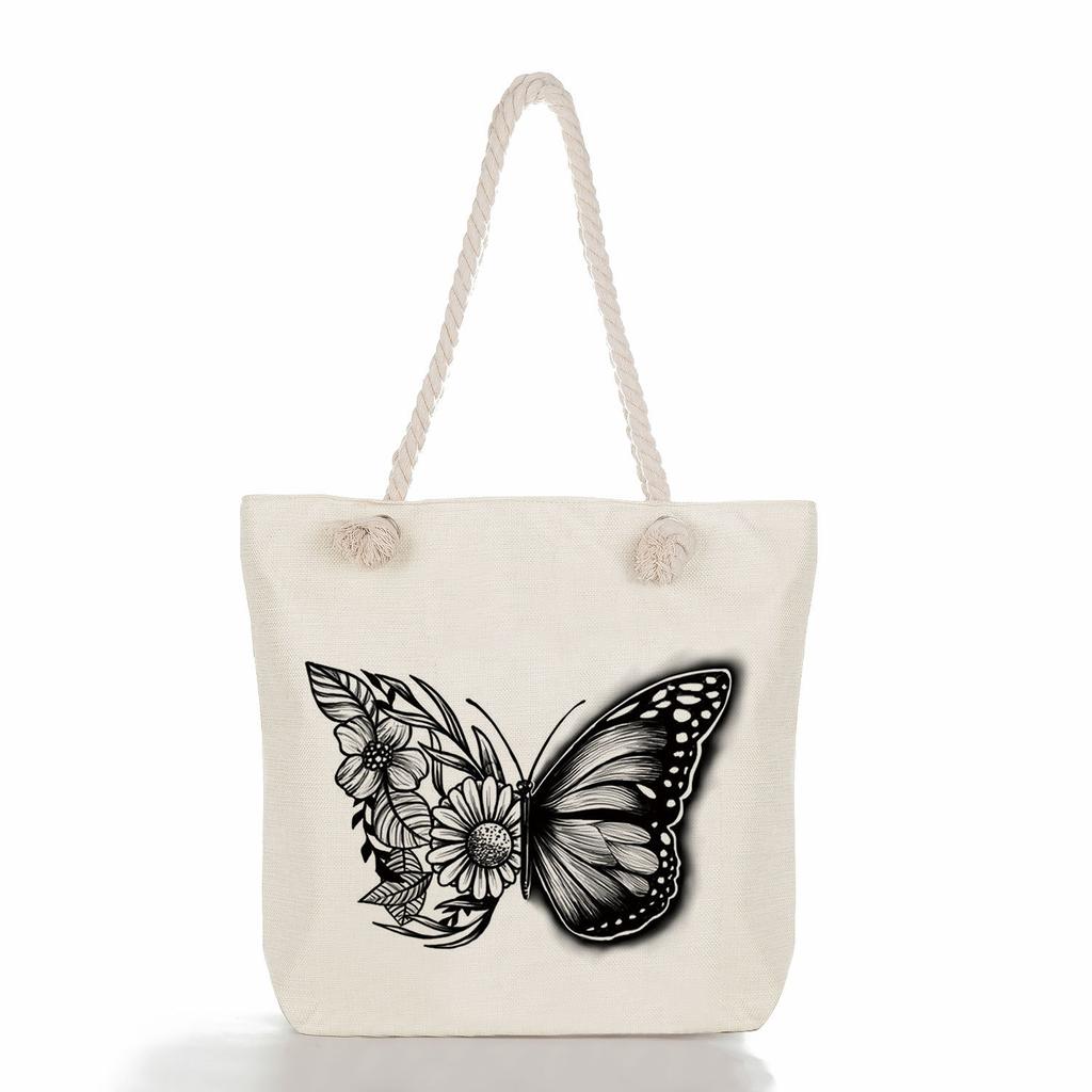 Multifunctional Flowers and butterflies Printed Thick Rope Shoulder Beach Bag Casual large capacity handbag 7615 KTB