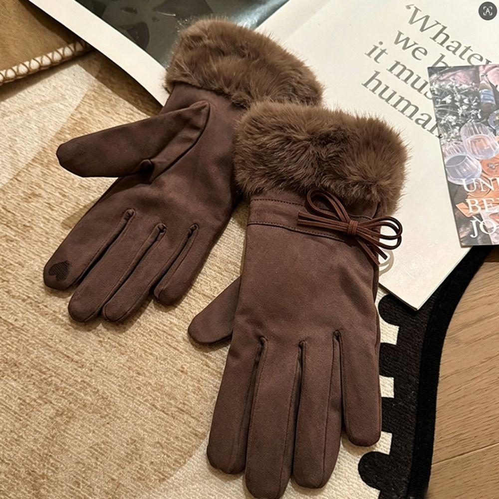 One Size Fleece Lined Gloves Bow Decoration Winter Thick Warm Gloves Faux Fur Gloves Driving