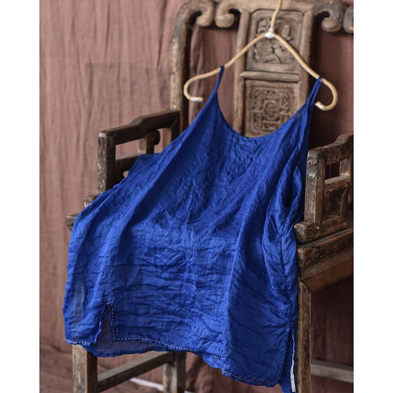 Women Vintage Solid Color Camis Summer Casaul Simple Loose Ramie Tops