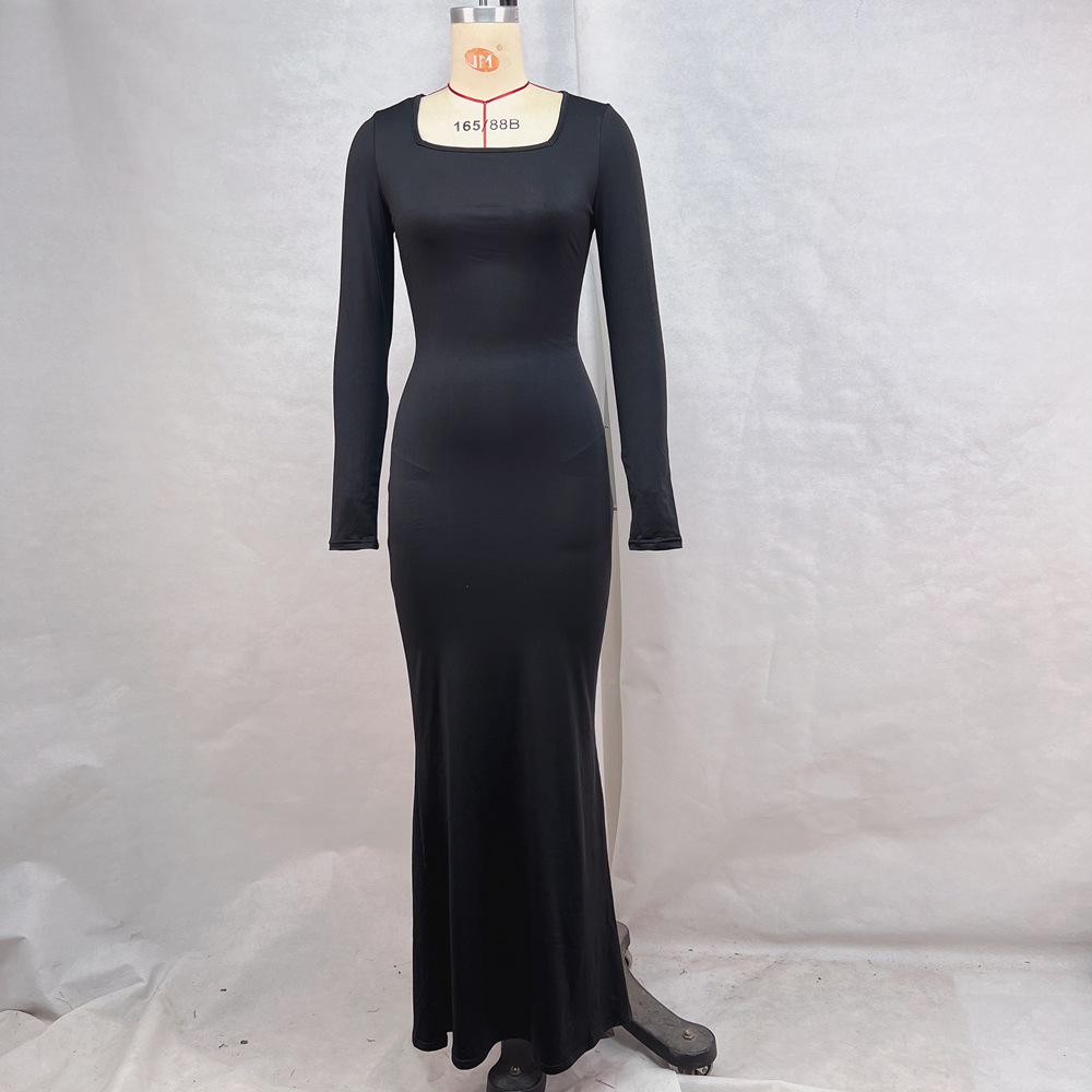 2026 Autumn/Winter Women's Slim Lace-up Square Neck Long Sleeve Evening Dress