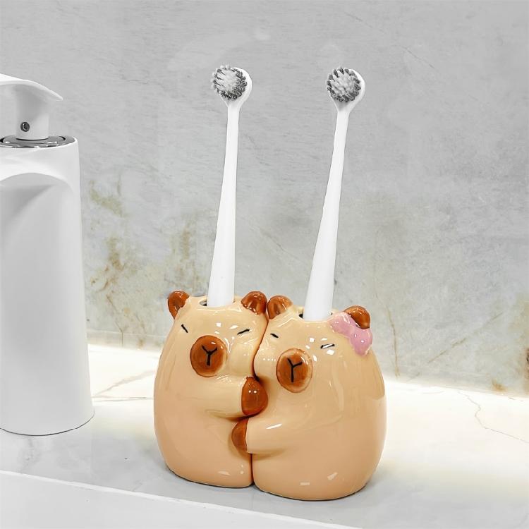 Pair Of Hugging Capybaras Toothbrush Holders Ceramic Waterproof Bathroom Decoration For Couple With Stable Base