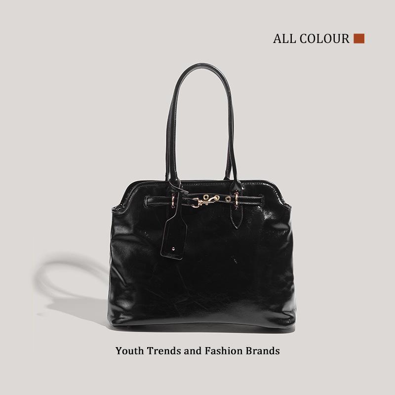 

New retro commuter tote bag lock hand briefcase vegetable tanned leather women s bag чёрный