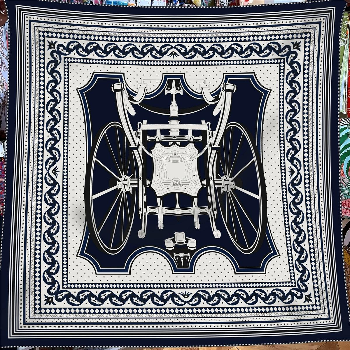 

130cm French Winter Geometric Striped Carriage Faux Silk Wool Square Scarf Women Wraps Pashmina Hijab 130x130cm