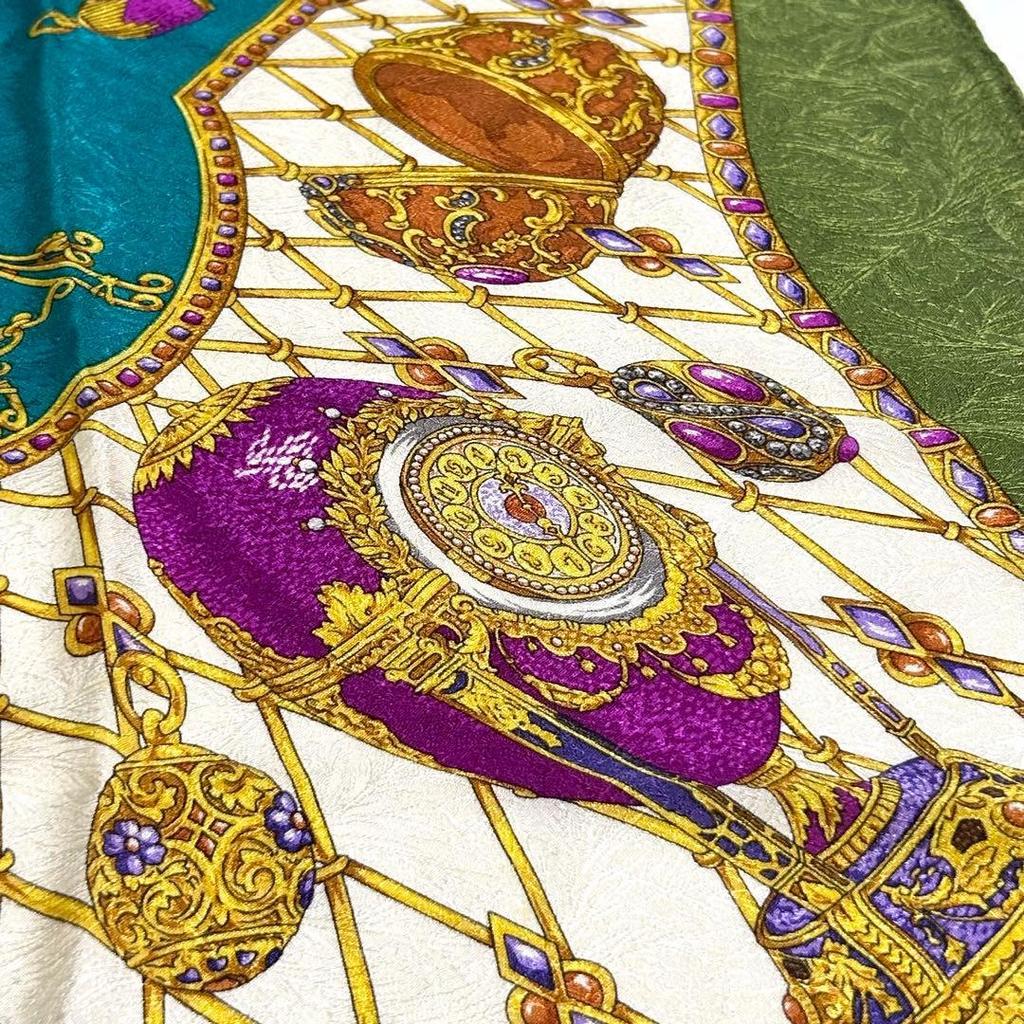 Used Excellent Condition TRUSSARDI Silk Scarf, Green Tones, Jewelry Pattern
