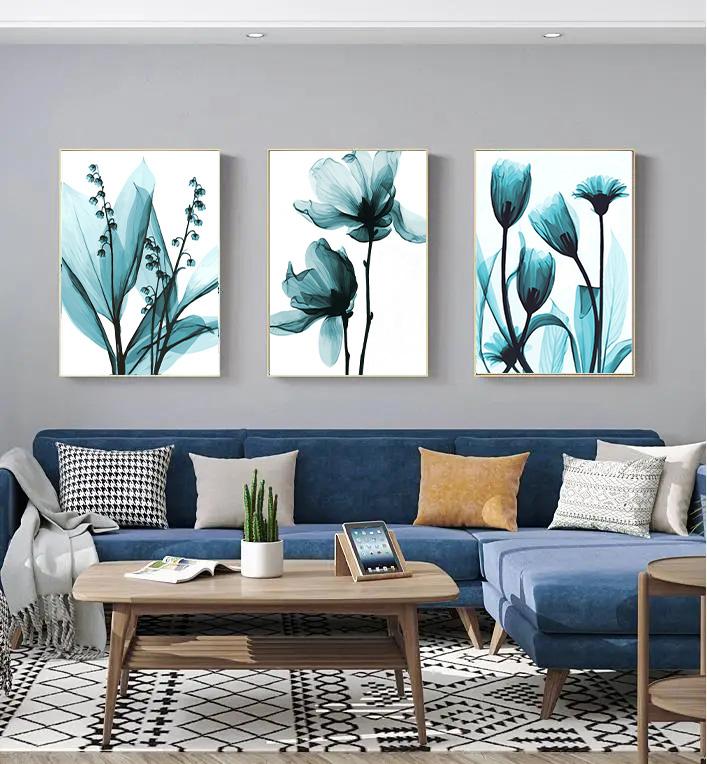 Nordic Canvas Painting Flowers Poster Blue Floral Wall Art Print for Vintage Living Room Decorative Wall Pictures
