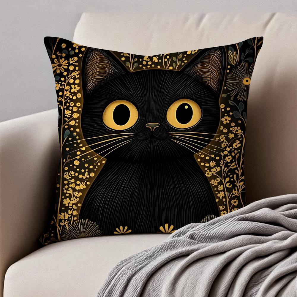 Art Black Cat Cushion Cover Pillowcase Antidustmite Invisible Zipper Short Plush Sofa Cushion