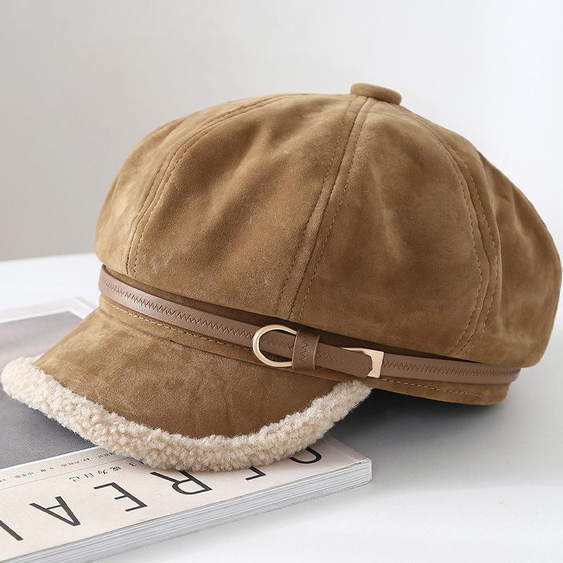 Winter Belt Buckle Decorative Suede Warm Octagonal Hat Women's Fashion Retro Cap Temperament Trendy Newsboy Hat
