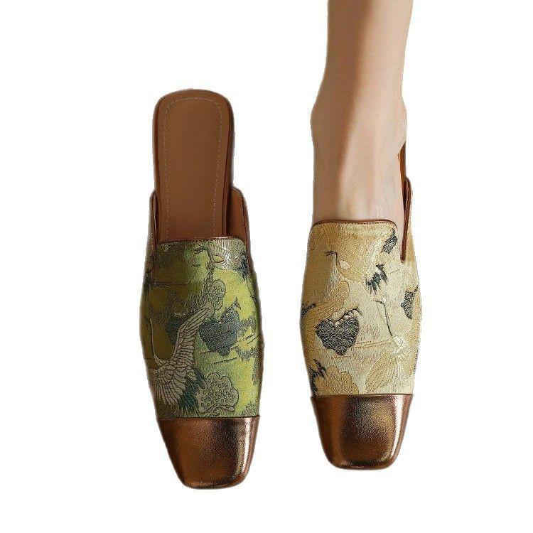 Baotou half slippers women's embroidery thick heel high-end low heel color matching cool slippers with skirt