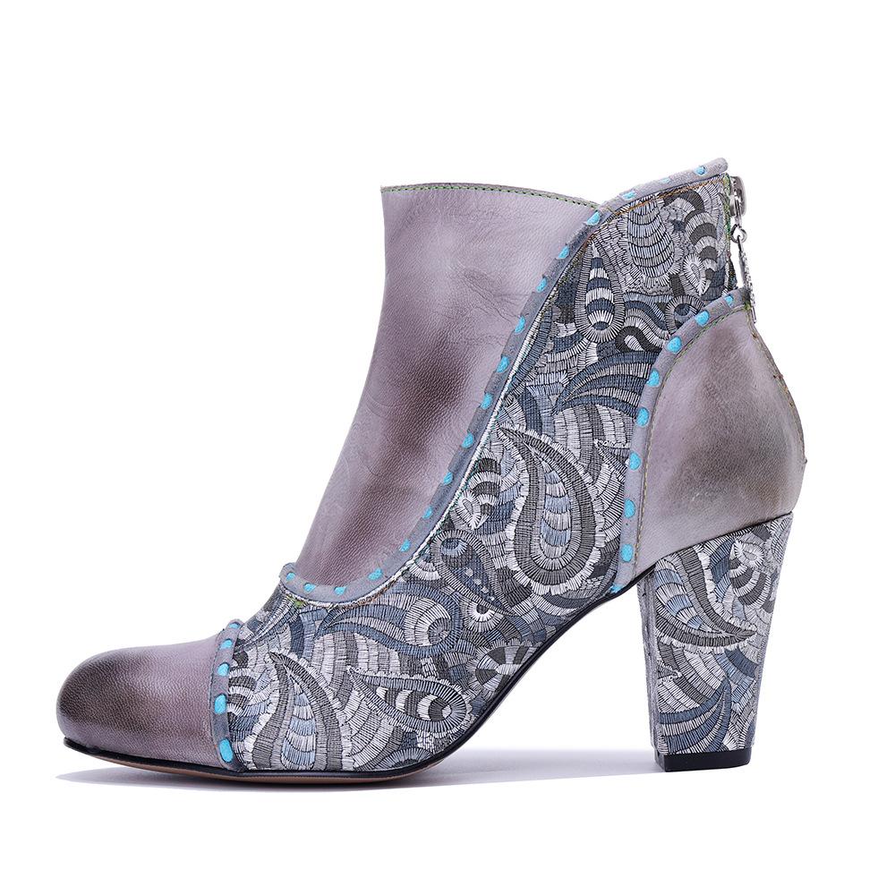 Johnature Women's High Heel Boots Handmade Genuine Leather Splicing Printed Thick Heel Short Boots