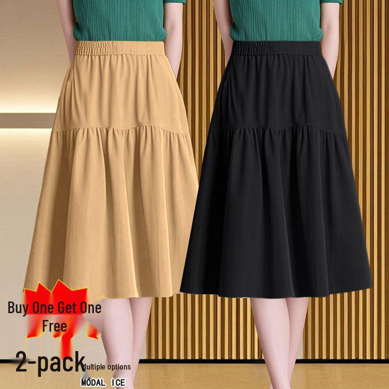 Women's A-Line Elastic Waist Skirt - Three-Quarter Length, Solid Color, Spring/Summer/Autumn Styles Available