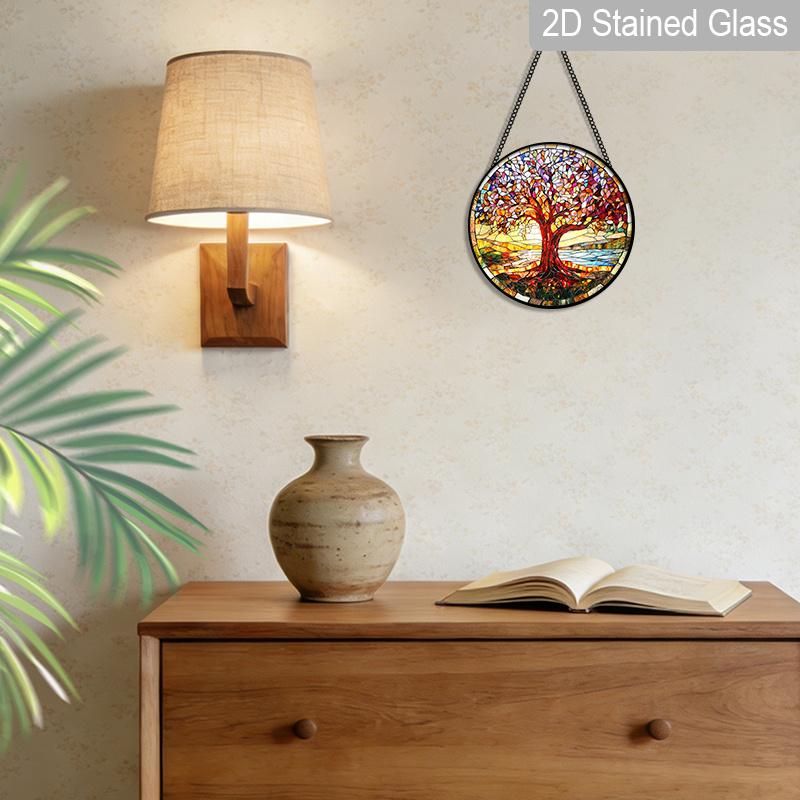 2D Flat Stained Glass Red Tree of Life Window Decoration, 7.87inches Lighting Colored Glass Plate with Chain, Charming Spring Summer Sun Catcher Home